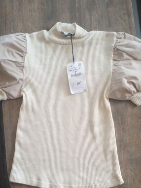 Zara Ribbed Mock Neck Top in Cream with Beige Accents
